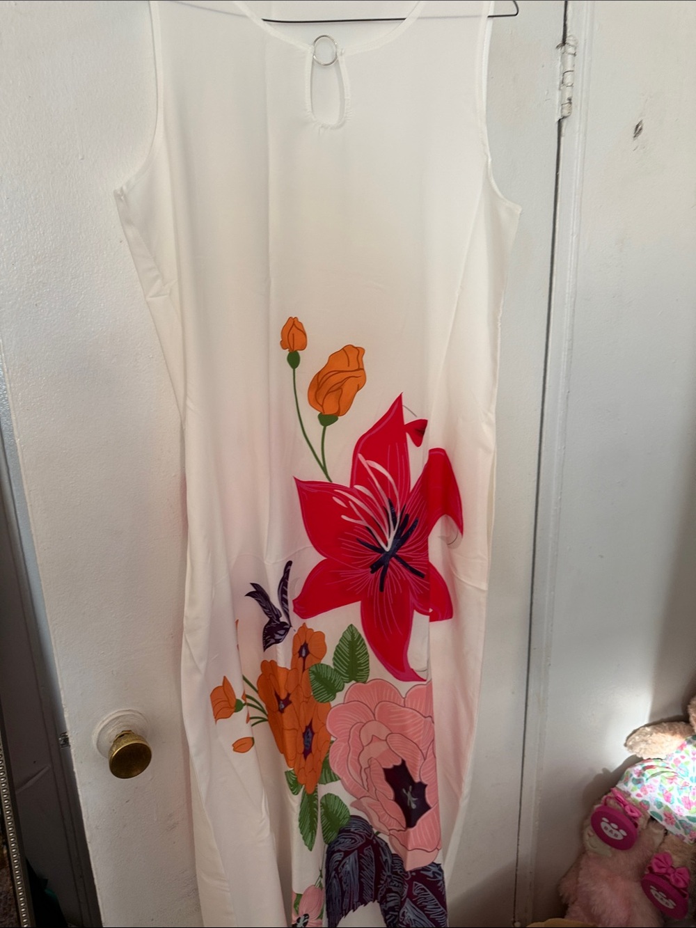 White Floral Maxi Dress with Bold Pink & Orange Blooms